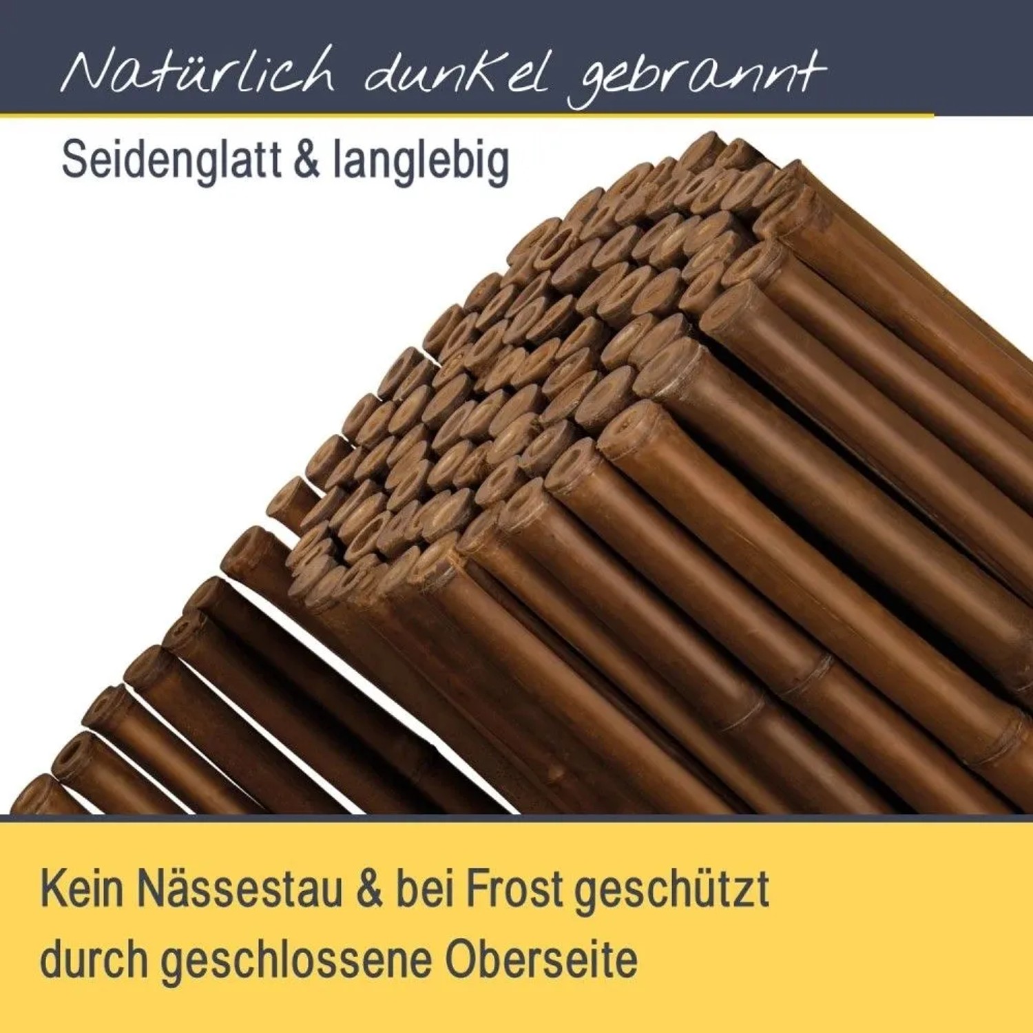 Dunkelbrauner Sol Royal Bambus Sichtschutz Zaun mit geschlossenen Rohren, 2-3cm Durchmesser. Robust & langlebig.