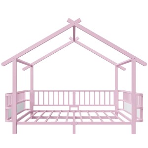 Rosa Merax Metall Hausbett 140x200 cm mit offener Dachkonstruktion und Sicherheitsgitter.