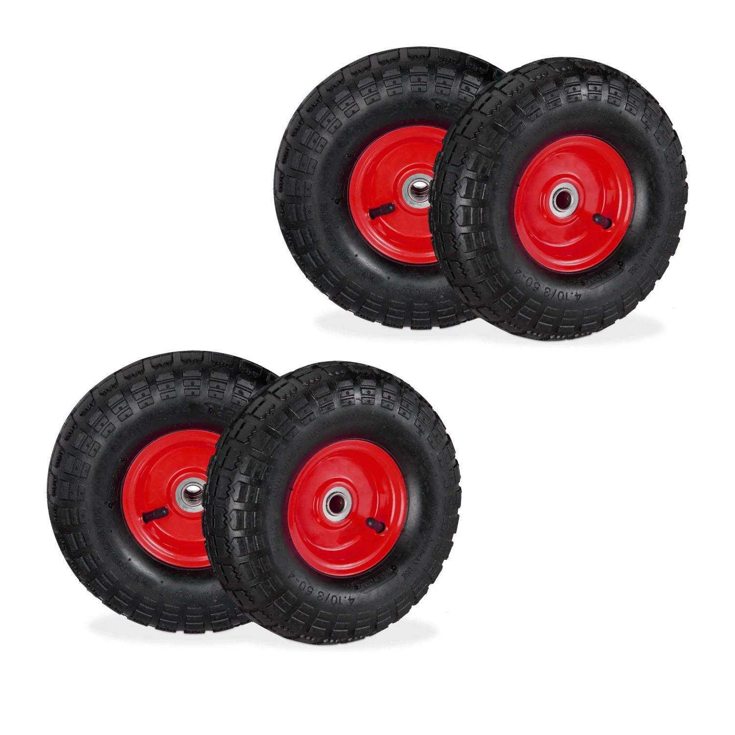 Relaxdays Sackkarrenrad 4er Set Gummi Stahl Schwarz Rot Luftbereift Kugelgelagert 26 cm x 8,5 cm 1,2 kg