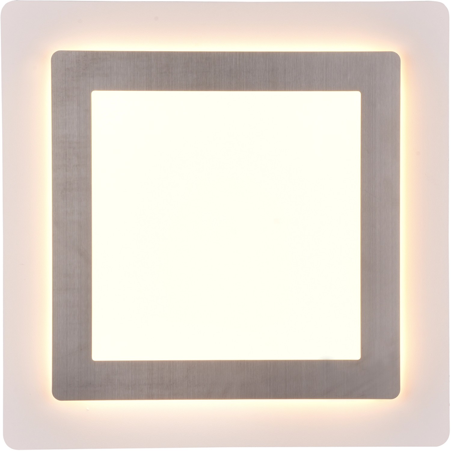 Quadratische LED Deckenleuchte Morgan in Nickel matt und Weiß, Lichtfarbe einstellbar.