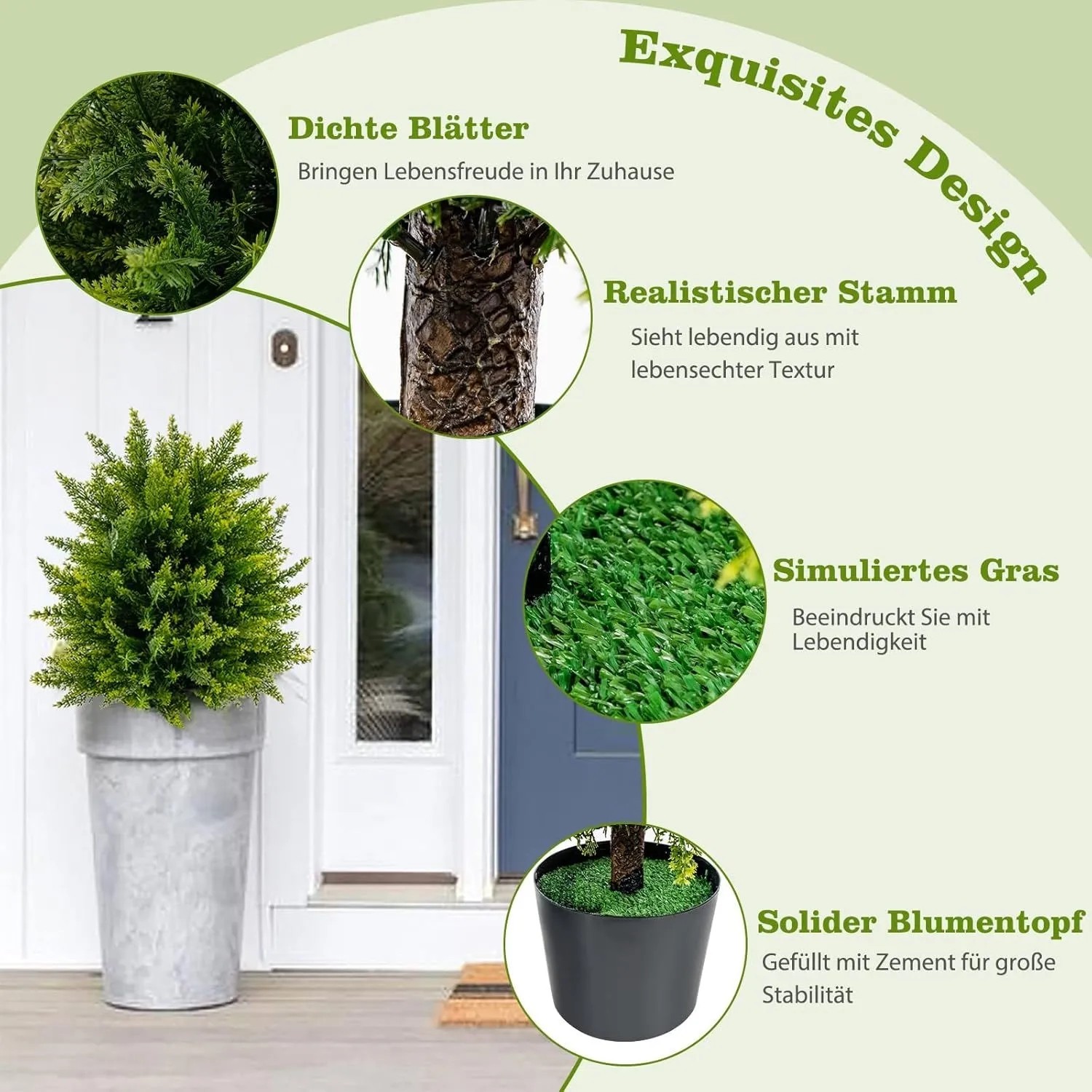 Grünes 2er Set Kunstpflanzen, 55cm hoch, mit realistischen Blättern und Stamm in stabilen Töpfen für Haus & Büro.