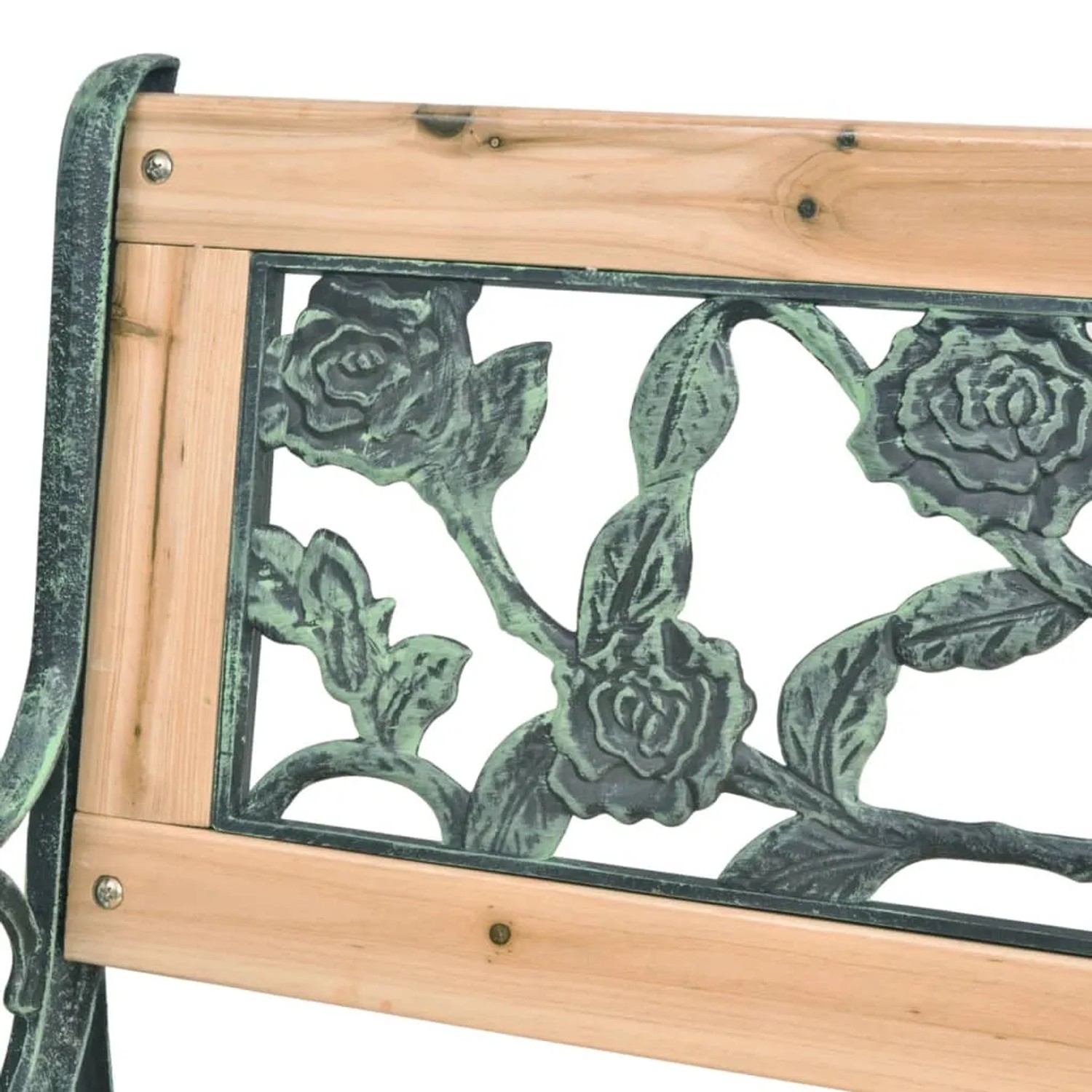 Detailansicht der VidaXL Gartenbank aus Holz (122 cm) mit dekorativer Rückenlehne.