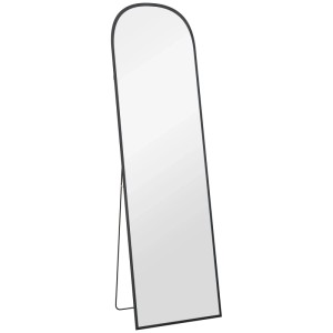 Schwarzer HOMCOM Ganzkörperspiegel mit Bogenform, Aluminiumrahmen und Standfuß. Vielseitiger Stehspiegel für Ankleidezimmer.