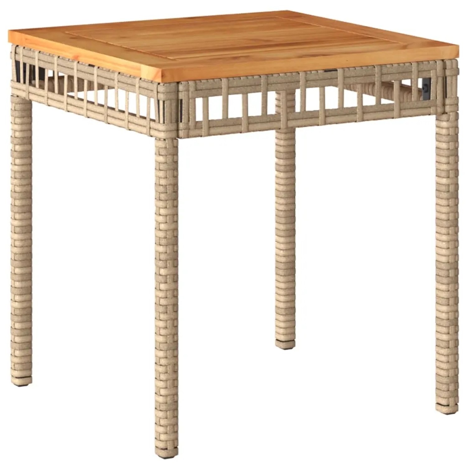 Quadratischer Bistro-Tisch aus Akazienholz und Poly Rattan, Teil des 3-tlg. vidaXL Gartenmöbel Sets.