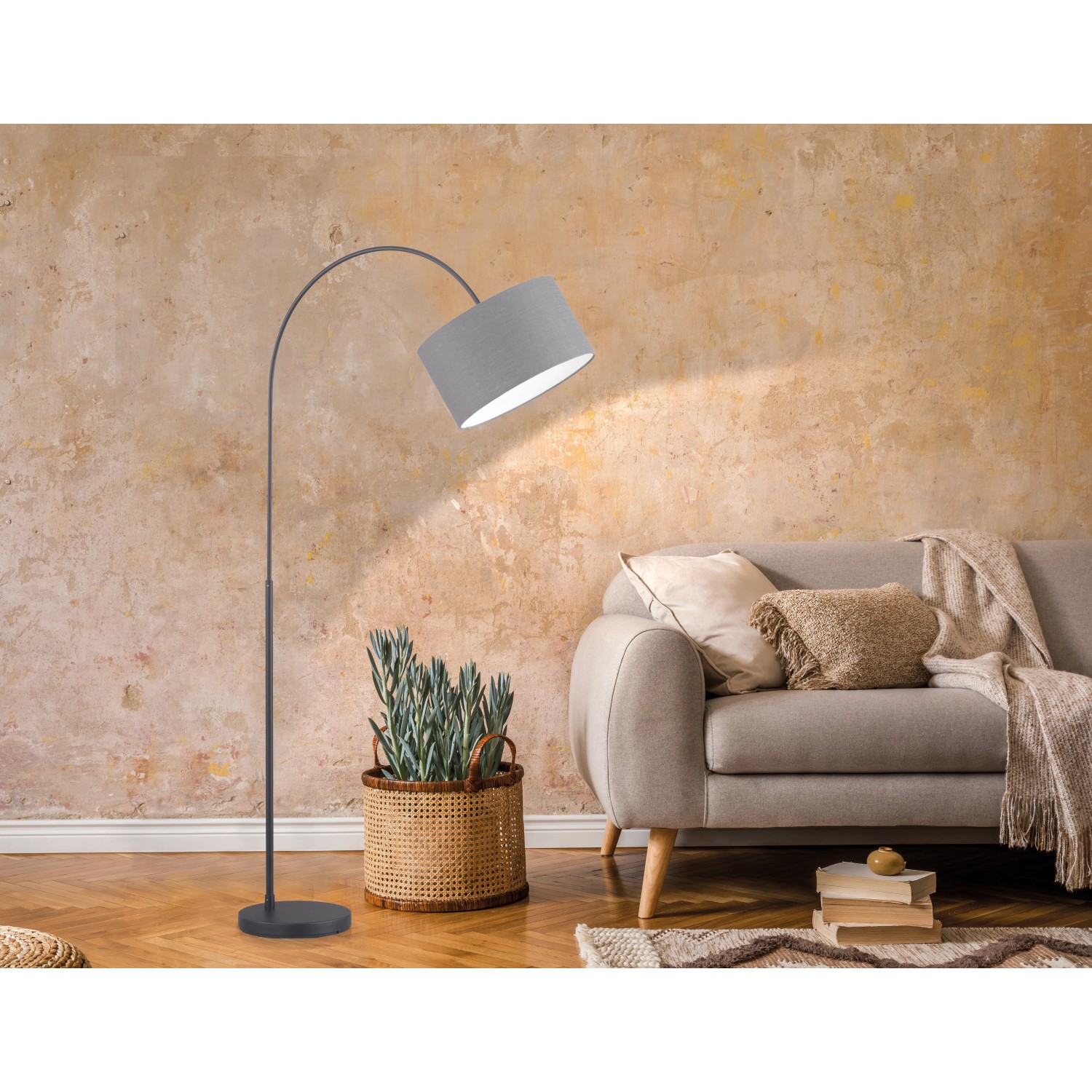 Fischer & Honsel Bogenleuchte, 3-flammig, schwarz/grau, mit Leinenschirm. Design-Stehlampe für Wohnzimmer.