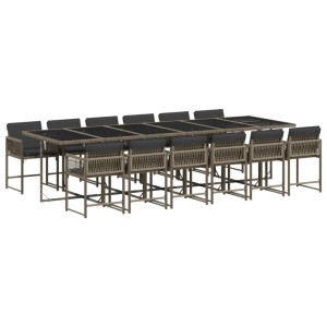vidaXL 13-tlg. Garten-Essgruppe Grau Poly Rattan mit Tisch und 12 Stühlen mit Kissen.