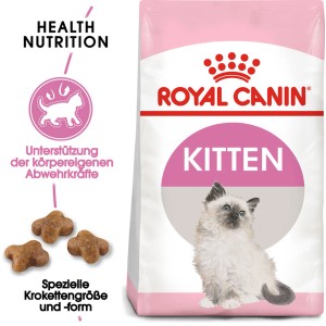 Royal Canin Kitten Trockenfutter 4kg Packung mit Kätzchen und Kroketten.