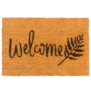 Naturfarbene Kokosfaser Fußmatte mit schwarzem 'welcome' Schriftzug und Farnblatt-Design. Rutschfester Schuhabstreifer.