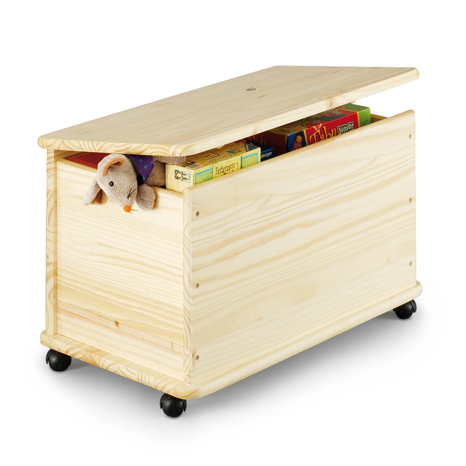 Offene, naturfarbene Zeller Aufbewahrungstruhe aus Kiefernholz mit Rollen, gefüllt mit Spielzeug.