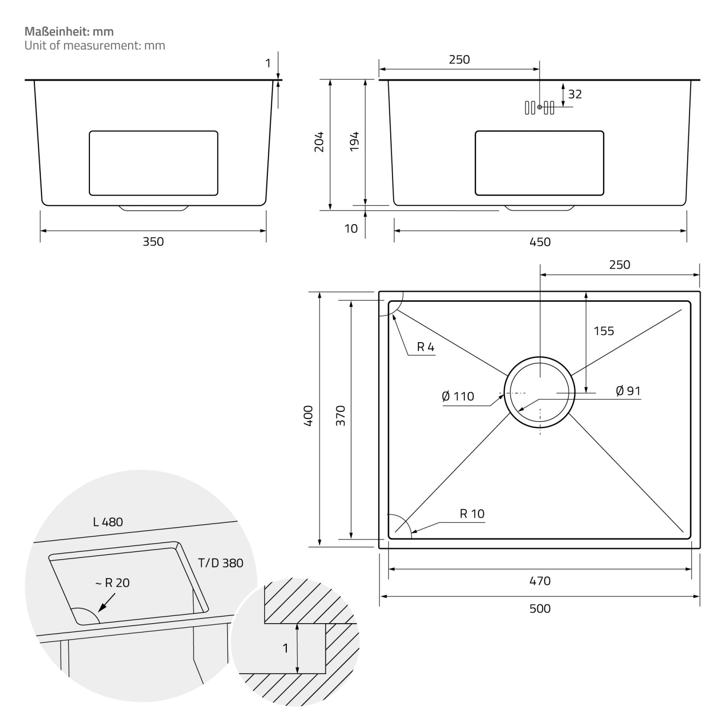 Technische Zeichnung: ML-Design Edelstahlspüle, 50x40 cm, mit Maßen und Details zum Einbau.