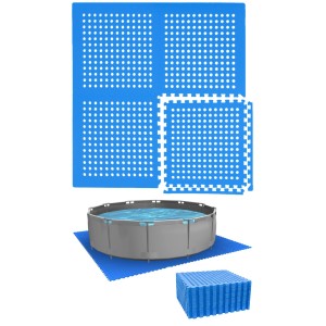 Blaue eyepower Poolunterlage aus 28 EVA Matten, 1cm dick, unter rundem Pool. Bodenschutz & Dämpfung für Pools.