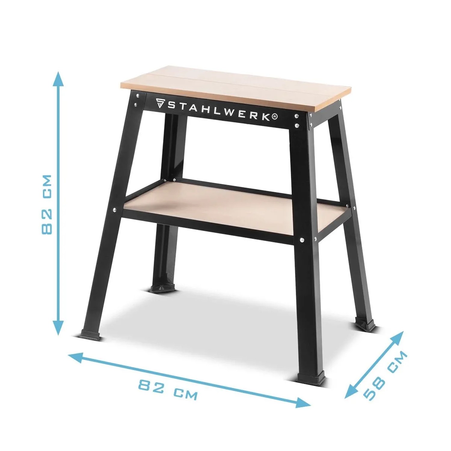 Schwarzer STAHLWERK Universal Maschinenständer aus Stahl mit heller Holzplatte, Ablage und Maßen 82x82x58 cm.