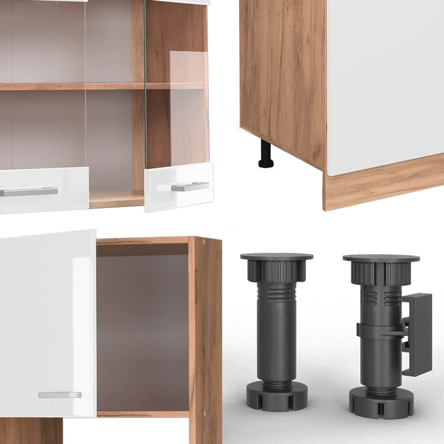 Vicco R-Line Küchenzeile 300cm, weiß hochglanz/Goldkraft Eiche, Details von Schrank und Füßen.