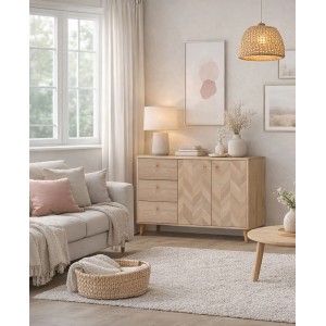 Schildmeyer Visby Sideboard aus heller Eiche mit Fischgrät-Türen und 3 Schubladen im gemütlichen Wohnzimmer.