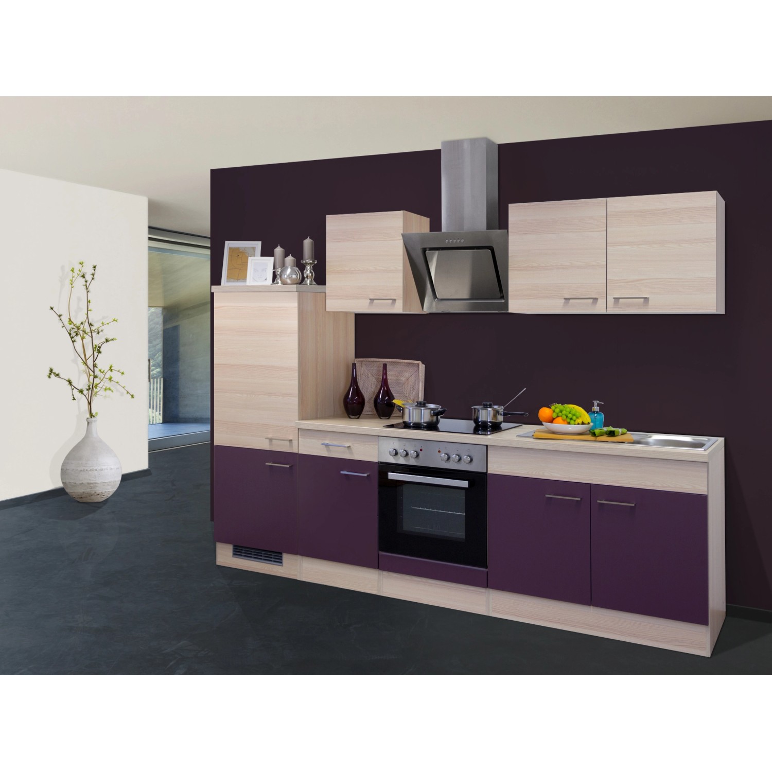 Flex-Well Exclusiv Küchenzeile/Küchenblock Focus 270 cm Akazie-Aubergine
