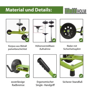 Details des TRUTZHOLM Felgenbaumwagen: Räder, Bremse, Handgriff, höhenverstellbare Aufnahme, pulverbeschichteter Korpus.