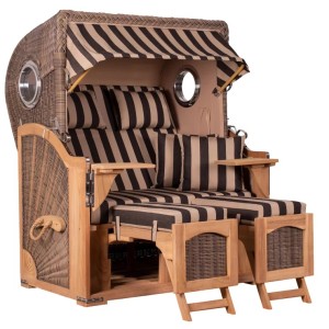 GarWoh Strandkorb Rantum Teak Grey mit Streifenmuster und Bullaugen.