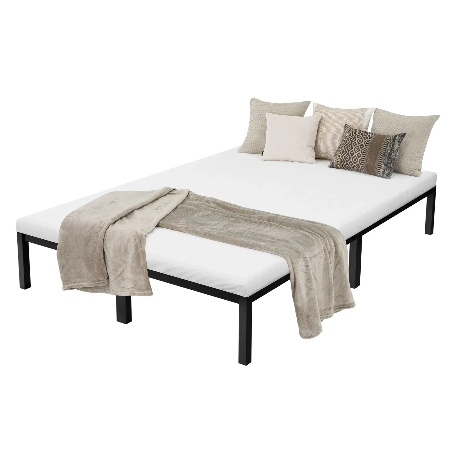 Schwarzes ML-Design Metallbett 140x200 cm mit Lattenrost, Decke und Kissen.