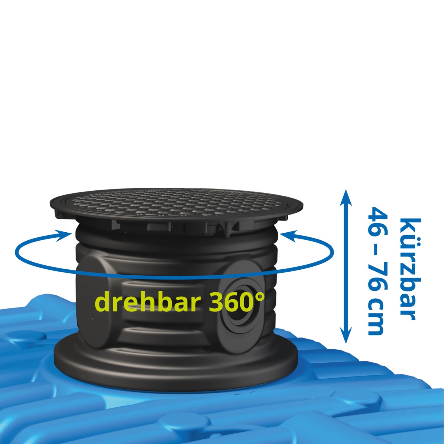 Detailaufnahme des 4rain Flachtank Flat XL Domschachts mit drehbarer, schwarzer Abdeckung.