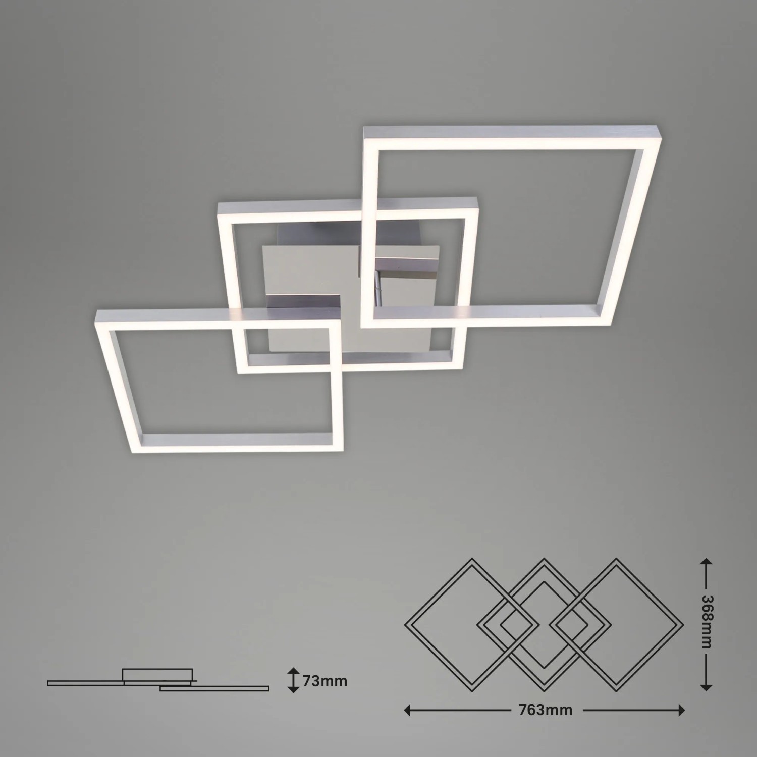 Dimmbare LED-Deckenleuchte Frame in Silber mit quadratischem Design, 76,3x36,8x7,3 cm.
