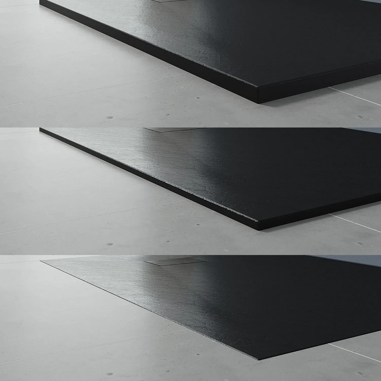 Quadratische, schwarze Aquabatos Duschwanne 90x90 cm in Steinoptik mit Ablaufgarnitur.