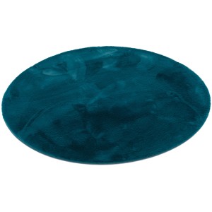 Runder, petrolfarbener Fellteppich (120x120cm) mit superweichem Flor.