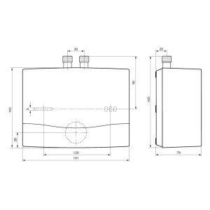 Skizze des Vaillant miniVED H 3/3 Kleindurchlauferhitzers mit Maßangaben.