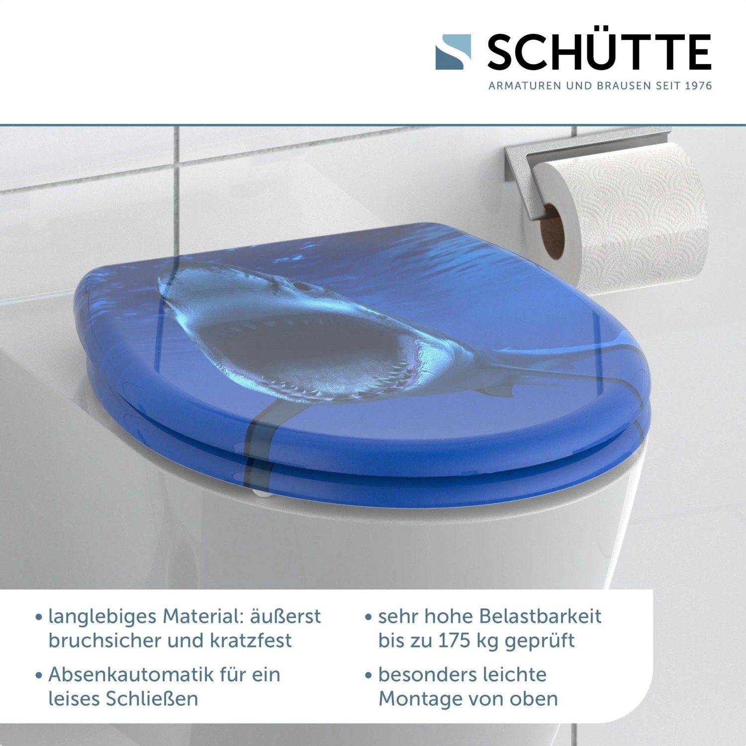 Schütte WC-Sitz Shark Duroplast mit Hai-Motiv, Absenkautomatik und Schnellverschluss.