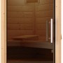 Karibu Sauna Swenna mit Graphit-Glastür, Bio-Ofen und Liegen aus Espe-Holz.
