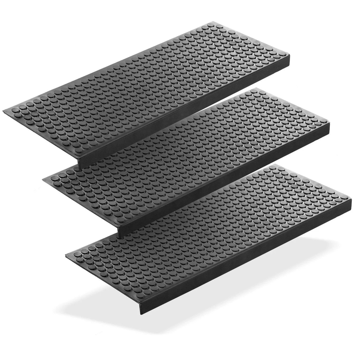 Drei schwarze BigDean Gummi Stufenmatten 75x25cm mit Anti-Rutsch Kreisdesign für sichere Treppen im Innen- & Außenbereich.