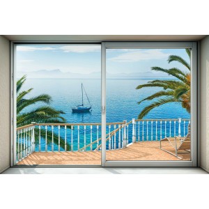 Komar Vlies Fototapete Tranquillo: Blick vom Balkon auf Meer mit Segelboot und Palmen.