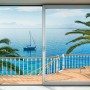 Komar Vlies Fototapete Tranquillo: Blick vom Balkon auf Meer mit Segelboot und Palmen.