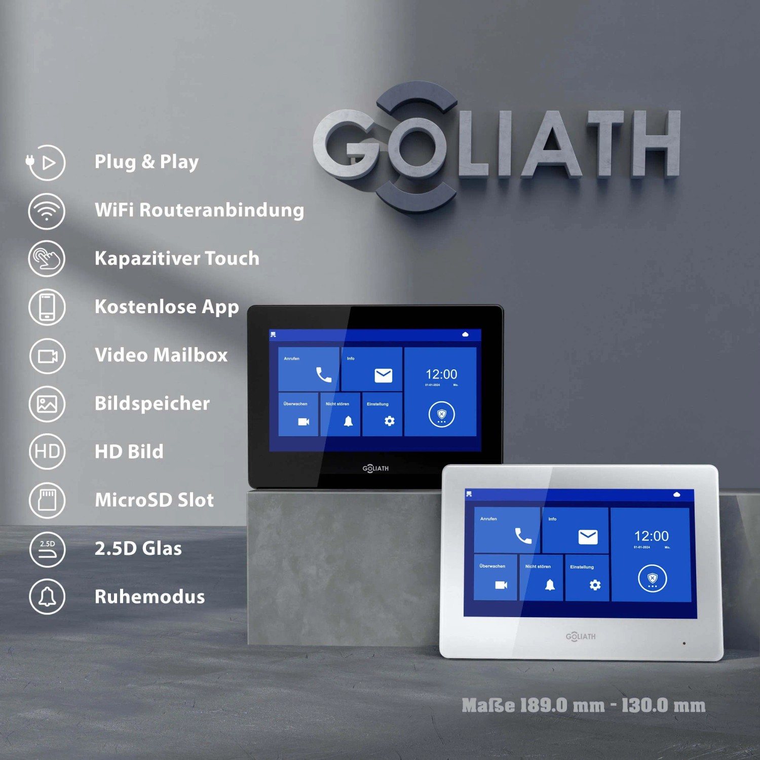 Goliath 2-Draht Video Türsprechanlage mit 2 Monitoren in Schwarz und Silber. Aufputz Montage.