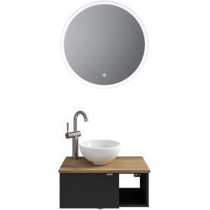 Pelipal Badmöbel-Set Serie 6915, Schwarz Matt/Riviera Eiche, mit rundem Spiegel (70 cm) und Aufsatzwaschbecken.