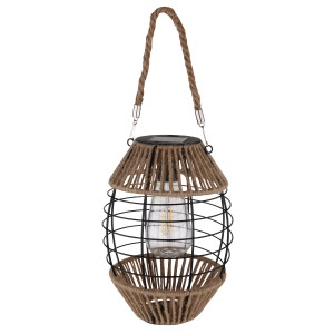 Schwarze, matte Globo Solarleuchte aus Metall mit Hanfseil-Details, 40,5 cm hoch. Dekorative Außenleuchte.