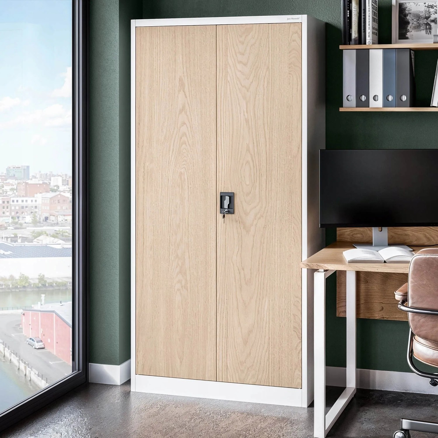 Jan Nowak Metallschrank, Aktenschrank mit Zylinderschloss und 4 Fachböden, Holzoptik.