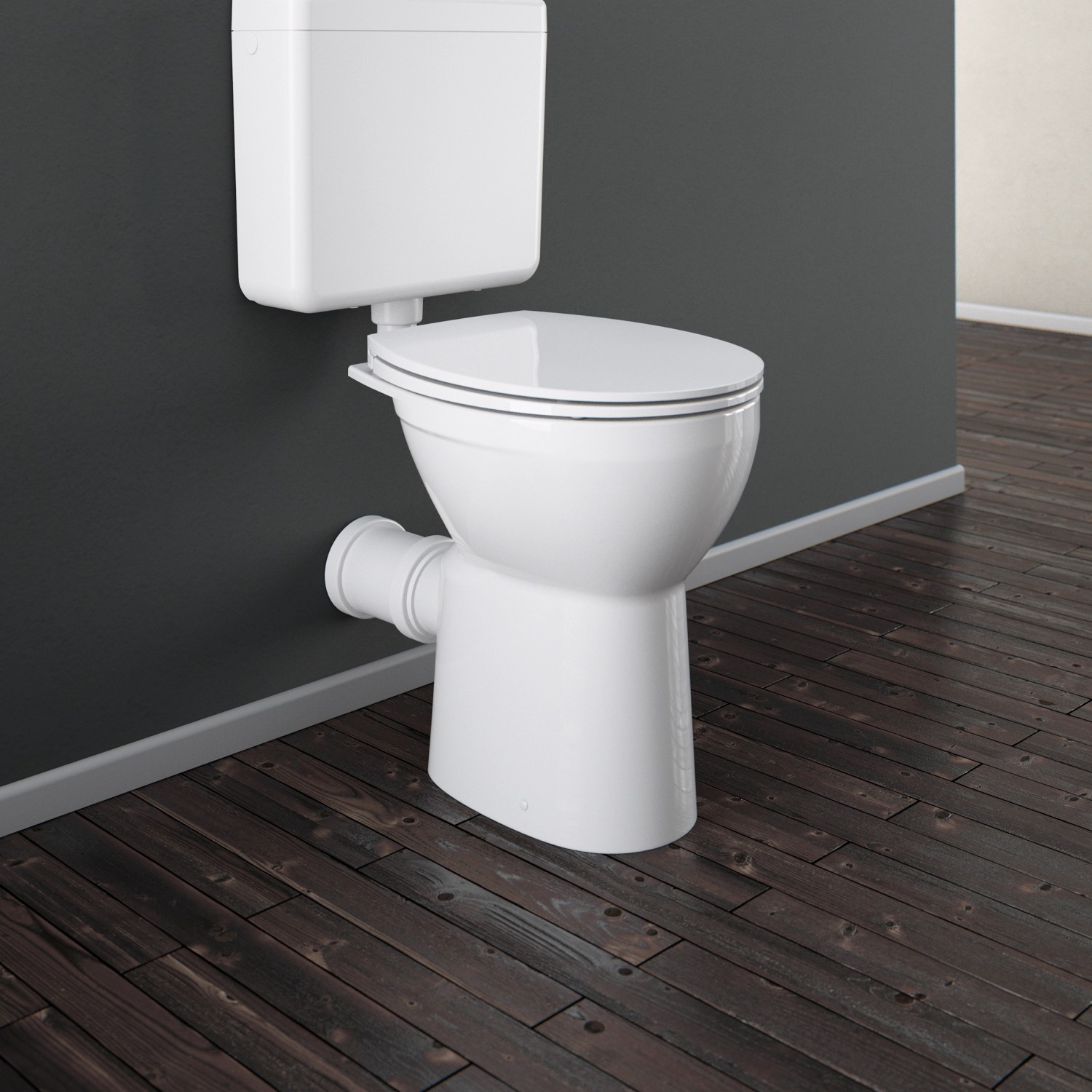 Weißes Domberg Stand-WC-Set DB1003 mit Spülkasten und WC-Sitz auf dunklem Holzboden.