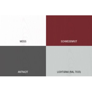 Farbmuster der Bondex Holzfarbe für Außen: Weiß, Schwedenrot, Anthrazit und Lichtgrau.