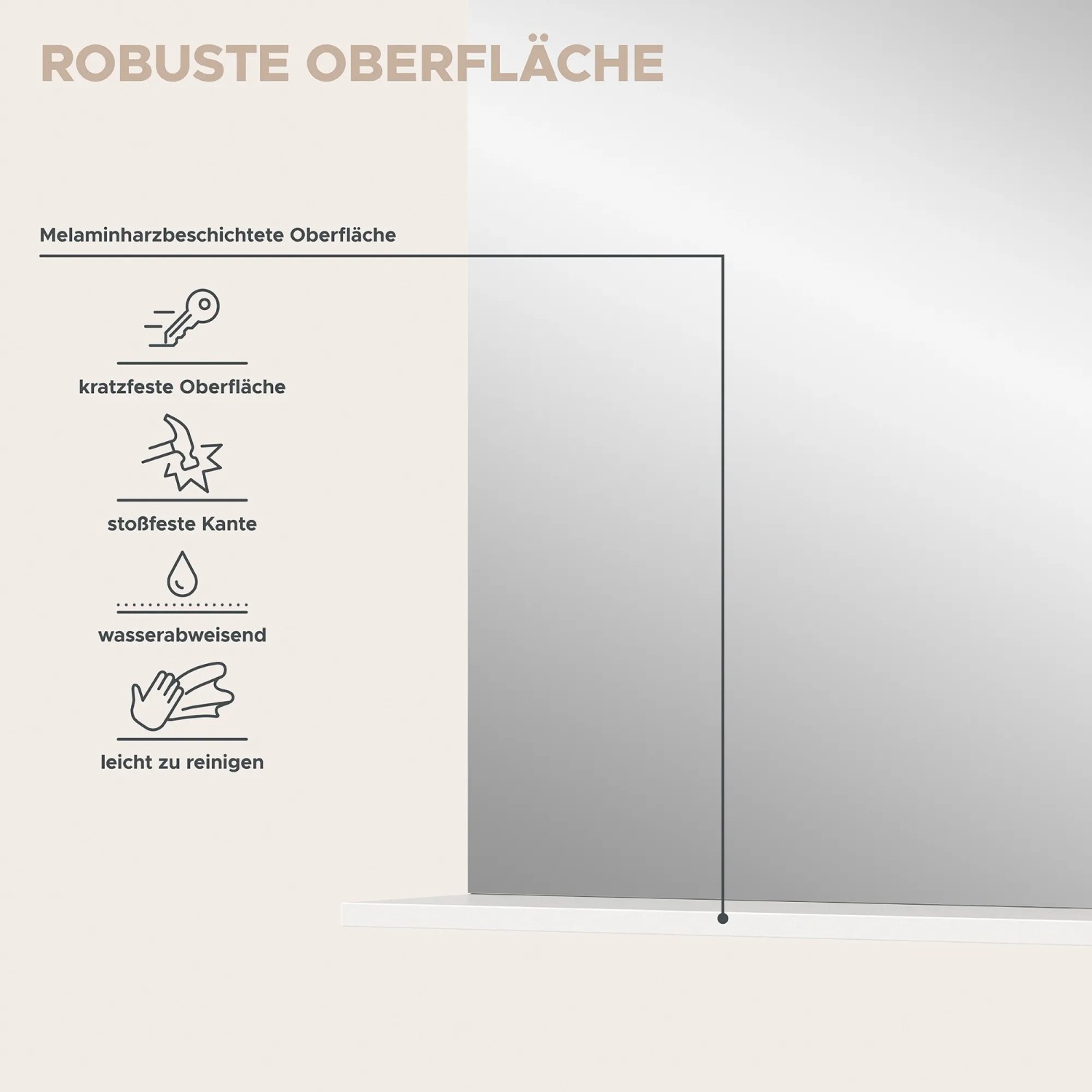 Detailansicht: Weißer Spiegel (60x79x18 cm) mit robuster, pflegeleichter Oberfläche.