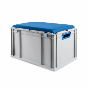 Eurobox NextGen Sitzbox, grau mit blauem Sitzkissen, 65 Liter. Aufbewahrungsbox für Werkstatt, Lager & Transport.