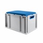 Eurobox NextGen Sitzbox, grau mit blauem Sitzkissen, 65 Liter. Aufbewahrungsbox für Werkstatt, Lager & Transport.