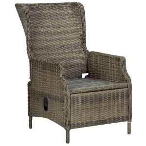 Verstellbarer Furnicato Gartensessel aus Poly Rattan in Braun mit schwarzen Auflagen.