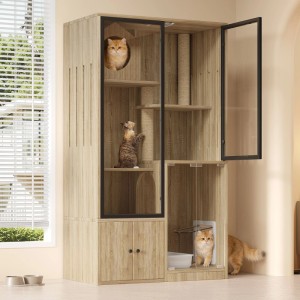 Merax Indoor Katzenhaus aus hellem Holz mit mehreren Ebenen, Kratzsäulen und Glastüren. Katzen nutzen Kletterhaus.
