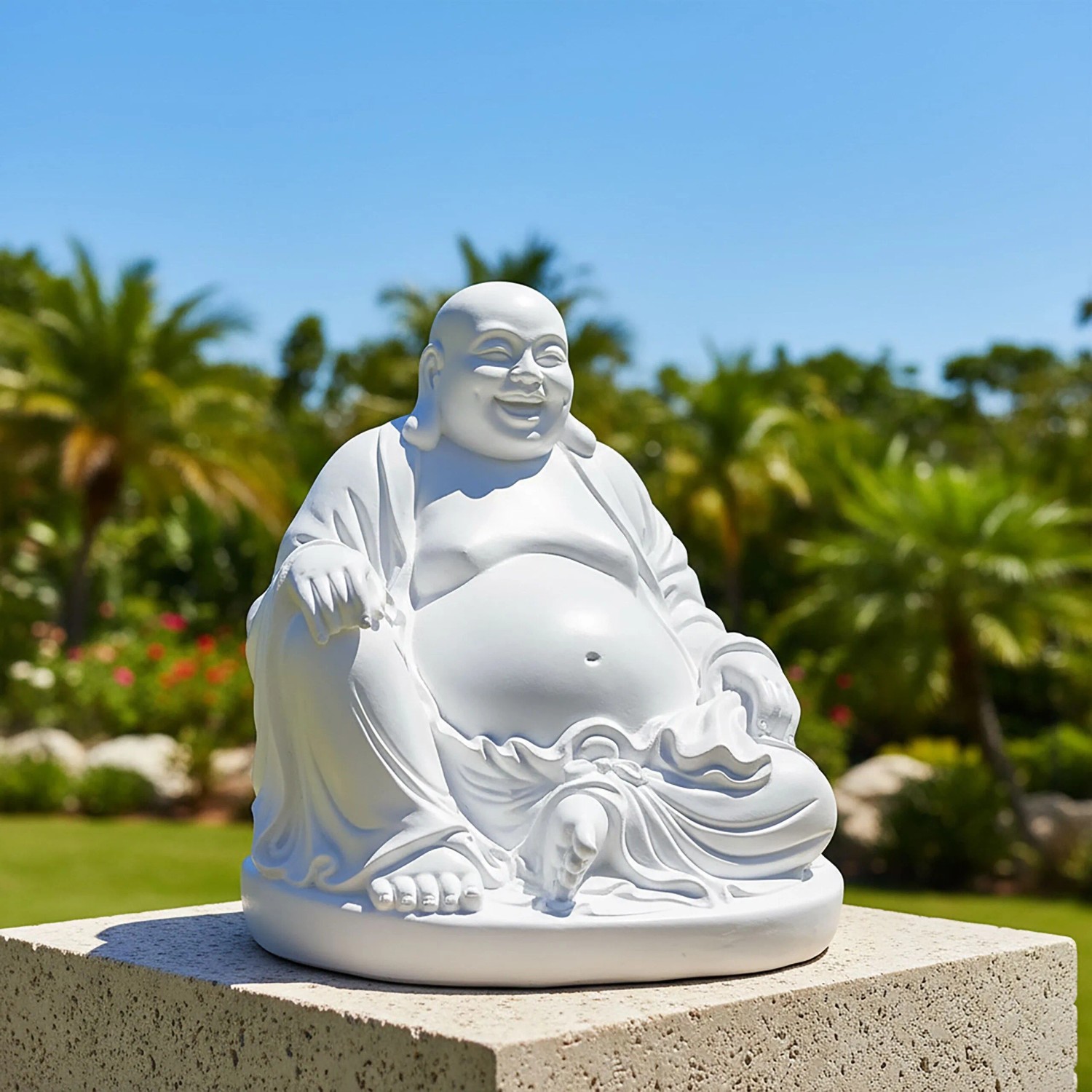 Weiße Buddha Figur aus Polyresin, 45 cm hoch, wetterfest und frostsicher, für Garten und Wohnbereich.