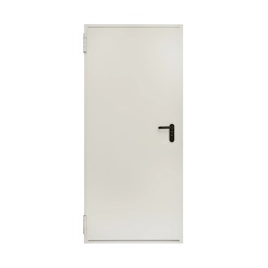 Hörmann Feuerschutztür T 30-H8-5 in Grauweiß, 75x200 cm, mit schwarzem Türgriff.