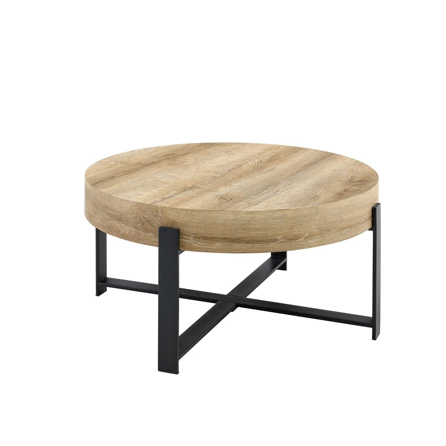okwish Couchtisch mit Rundem Design und Metallkreuzgestell für Wohnzimmer 68x68x36 Natur Schwarz