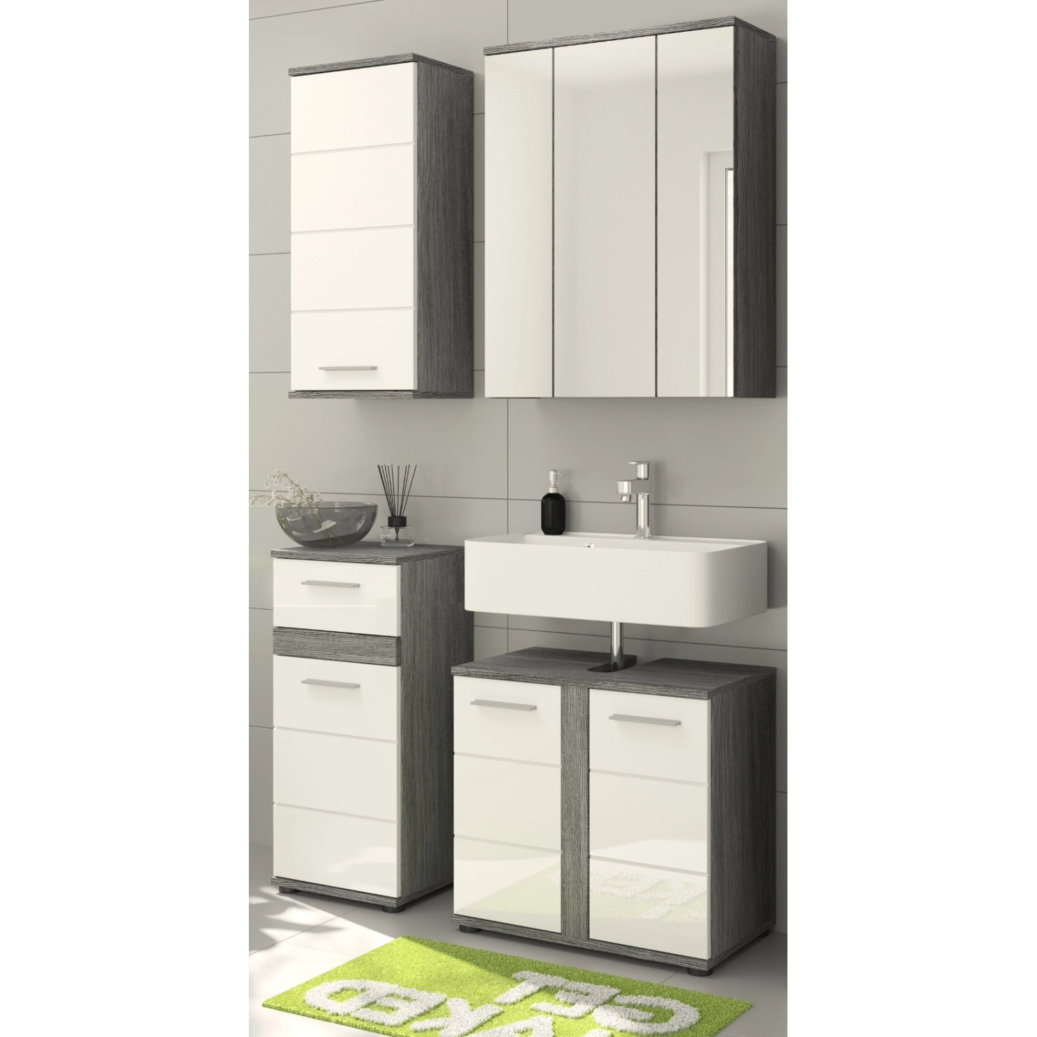 Inn.Furn Badmöbel-Set Weiß Hochglanz Grau Rauchsilber 4-teilig 114 cm Baile günstig online kaufen