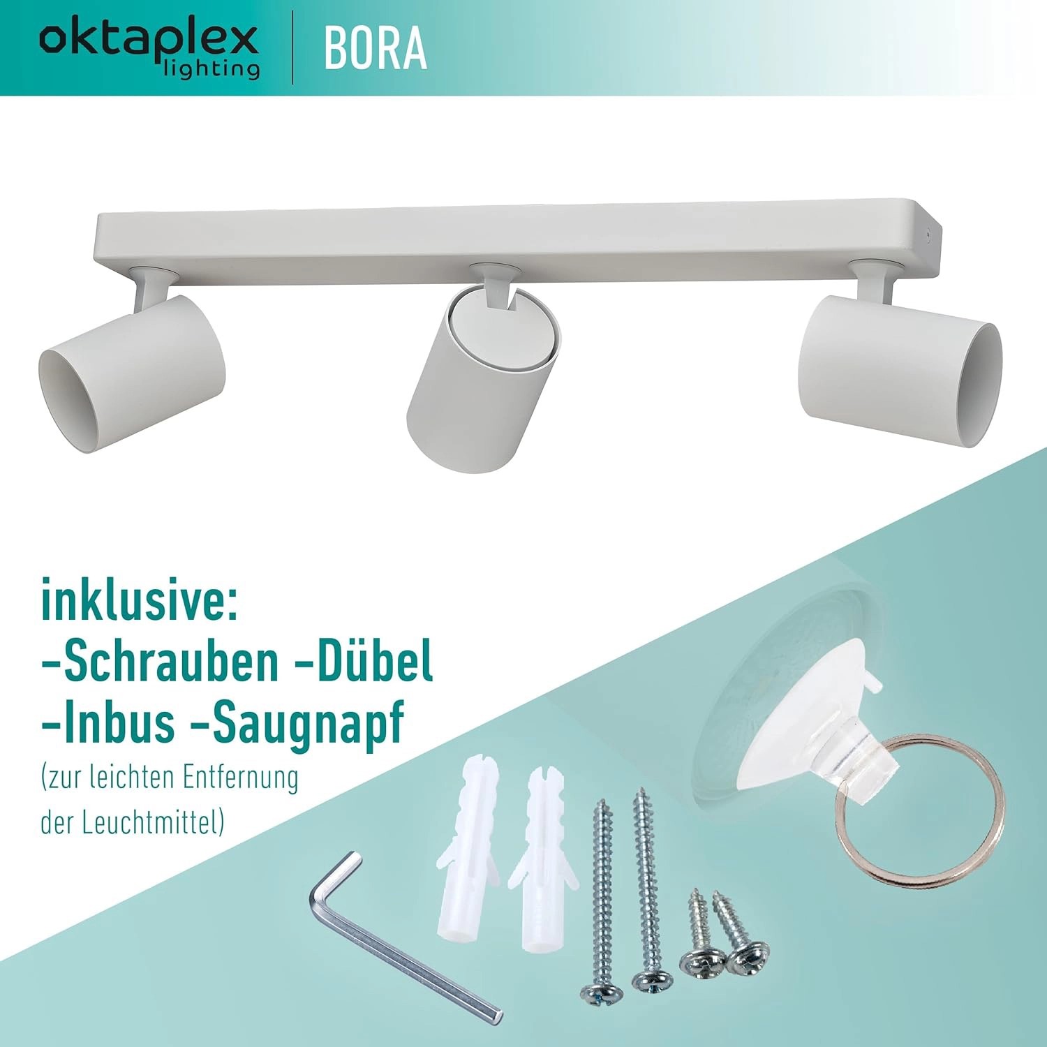 Oktaplex Bora LED Spotbalken, 3-flammig, weiß, mit Montagezubehör.