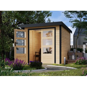Karibu Gartenhaus Diego A, naturbelassen/anthrazit, 4,45 m², mit geöffneter Doppeltür im Garten.
