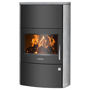 Justus Kaminofen Agero W+, Stahl schwarz, Speckstein grau, 7 kW, mit Feuer.